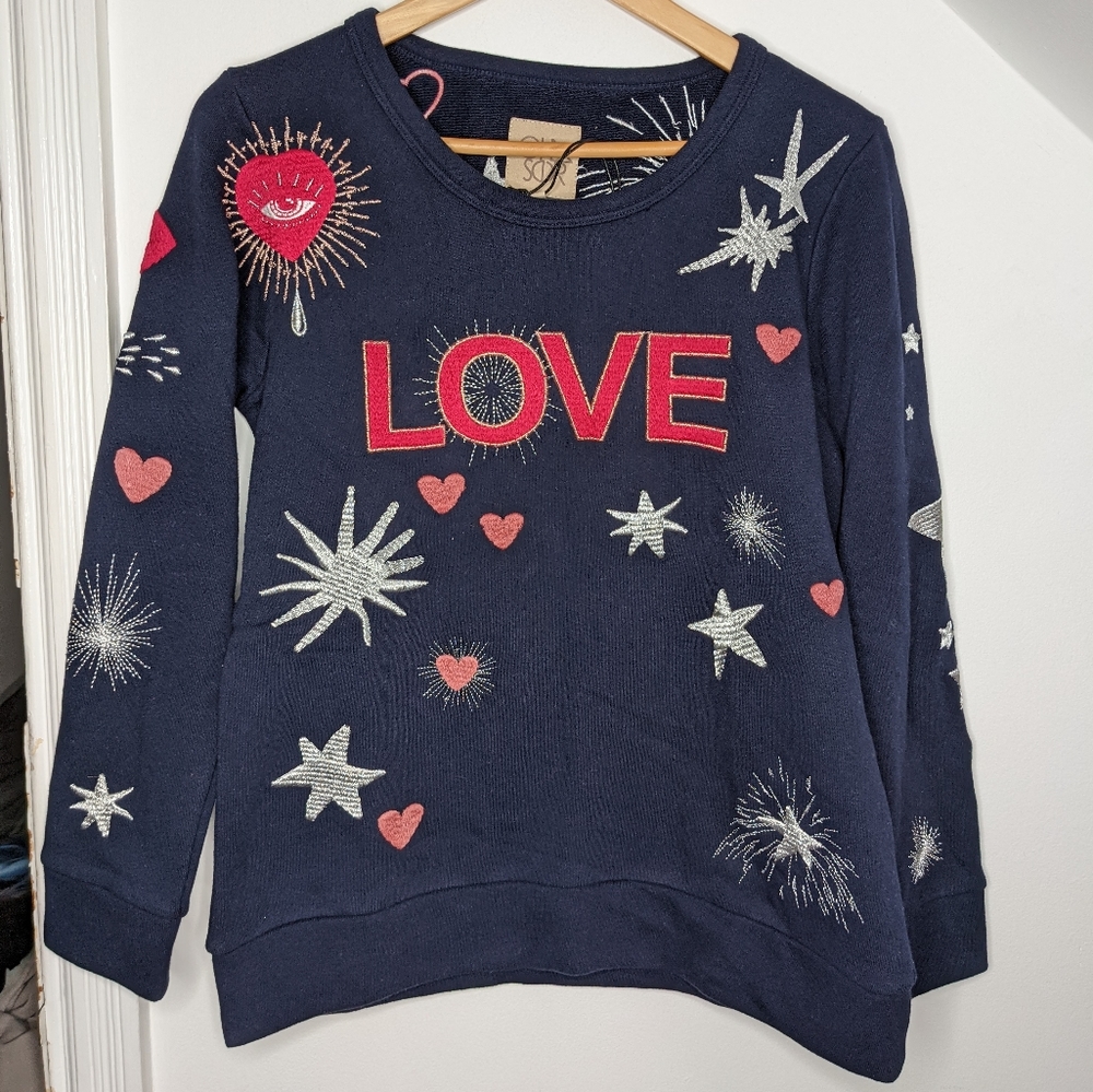 Chaser Navy Sweatshirt with Red LOVE & Silver Star Embroidery. Evil Eye